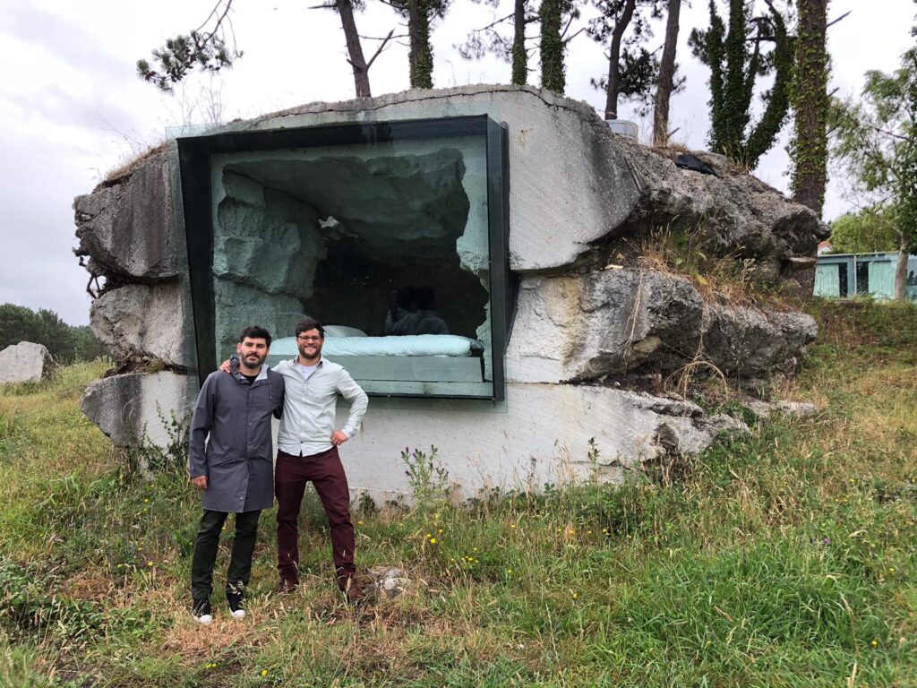Iker Gil and James Florio documenting The Truffle by Ensamble Studio, Galicia, Spain, 2019. Photograph by Rafael Gil.